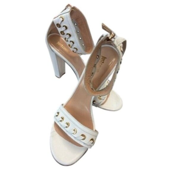 Justcavalli White Heeled Sandals With Gold Grommet & Zipper Details Open Toe - Picture 1 of 5